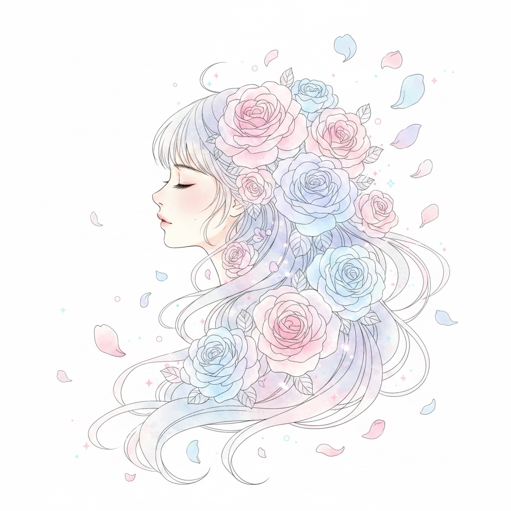 薔薇と光に包まれ、静かに目を閉じる女性のイラスト